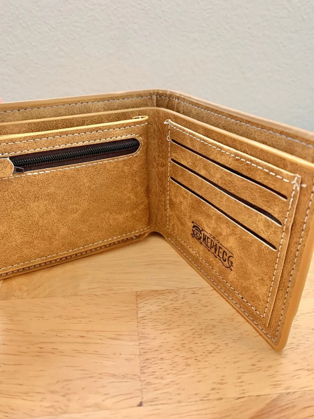 One Piece Beige Brown Gray Faux Leather Card Cash Photo Slot Zipper Anime Wallet